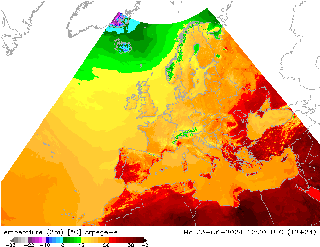 température (2m) Arpege-eu lun 03.06.2024 12 UTC