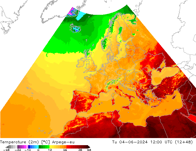 Temperatuurkaart (2m) Arpege-eu di 04.06.2024 12 UTC