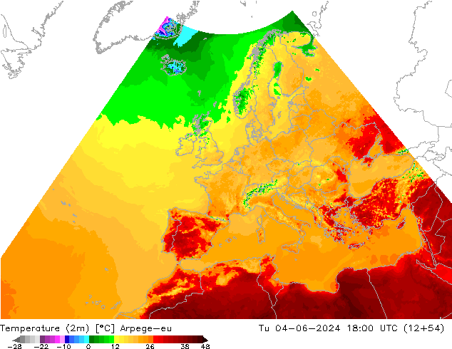 Temperature (2m) Arpege-eu Tu 04.06.2024 18 UTC