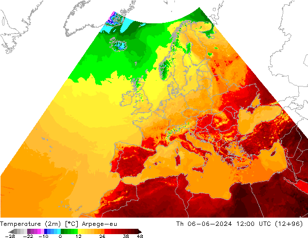 Temperature (2m) Arpege-eu Th 06.06.2024 12 UTC