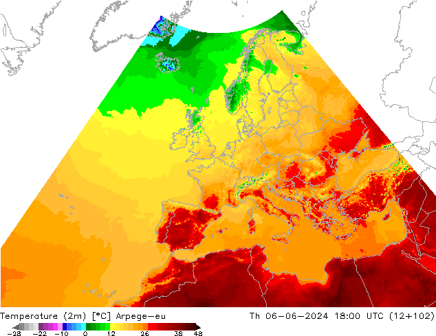 Temperatura (2m) Arpege-eu Qui 06.06.2024 18 UTC