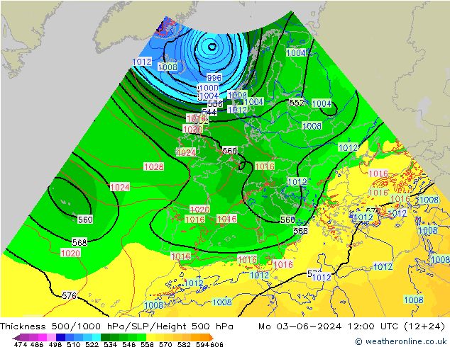 Espesor 500-1000 hPa Arpege-eu lun 03.06.2024 12 UTC