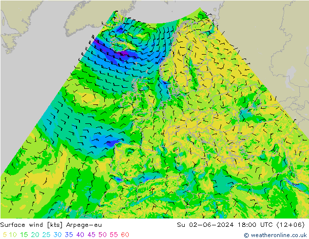 Surface wind Arpege-eu Su 02.06.2024 18 UTC