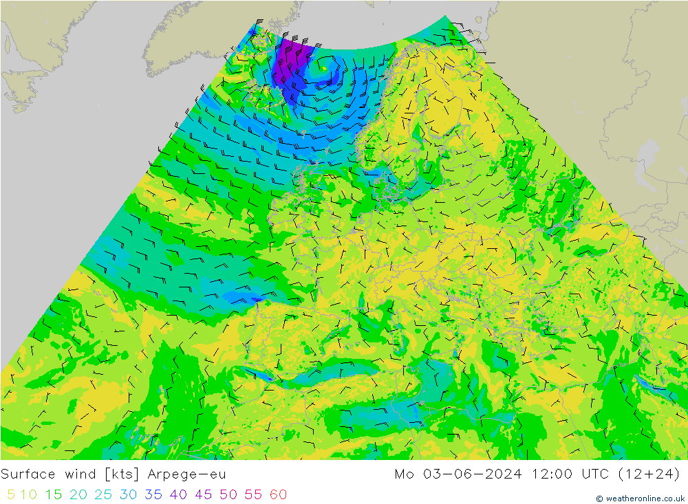Wind 10 m Arpege-eu ma 03.06.2024 12 UTC