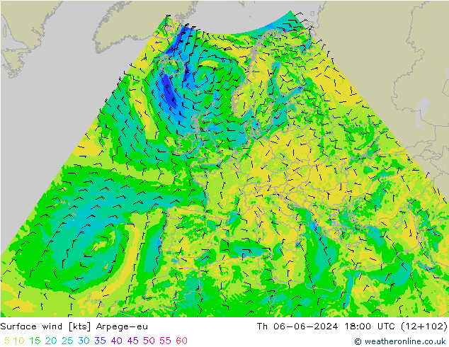 Surface wind Arpege-eu Th 06.06.2024 18 UTC