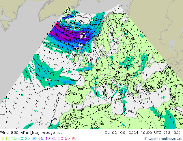 Rüzgar 850 hPa Arpege-eu Paz 02.06.2024 15 UTC