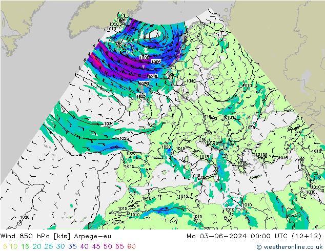 Wind 850 hPa Arpege-eu ma 03.06.2024 00 UTC