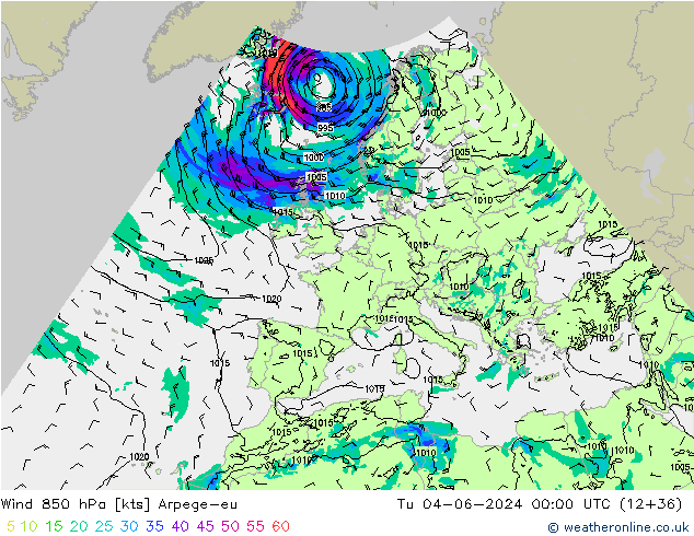 Wind 850 hPa Arpege-eu Út 04.06.2024 00 UTC