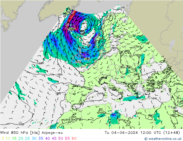 Wind 850 hPa Arpege-eu Tu 04.06.2024 12 UTC