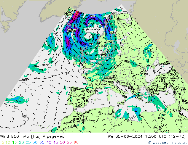 Wind 850 hPa Arpege-eu Mi 05.06.2024 12 UTC