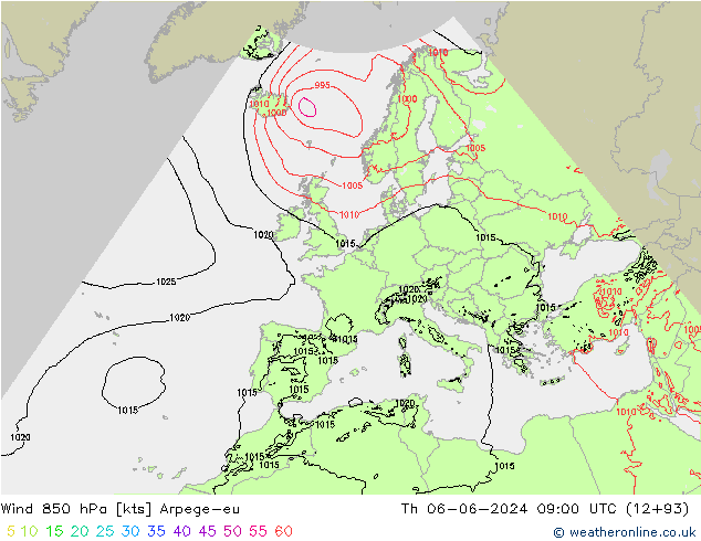Wind 850 hPa Arpege-eu Do 06.06.2024 09 UTC