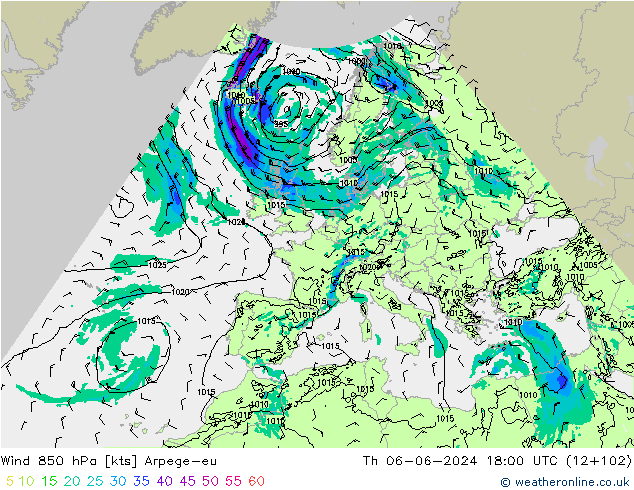 ветер 850 гПа Arpege-eu чт 06.06.2024 18 UTC