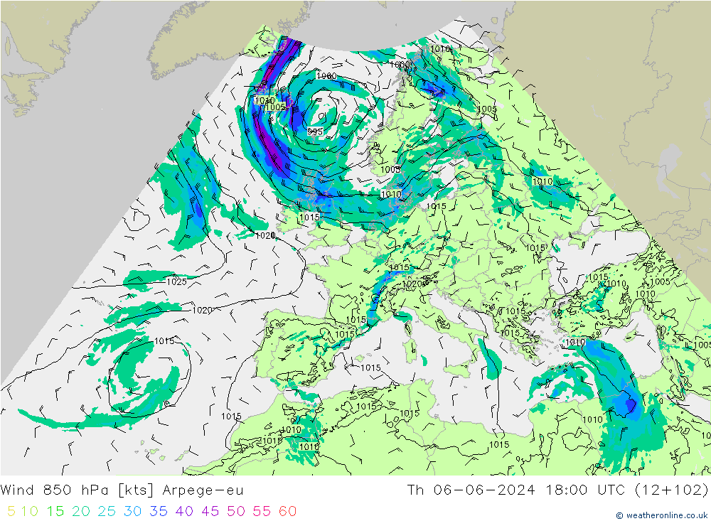 Rüzgar 850 hPa Arpege-eu Per 06.06.2024 18 UTC