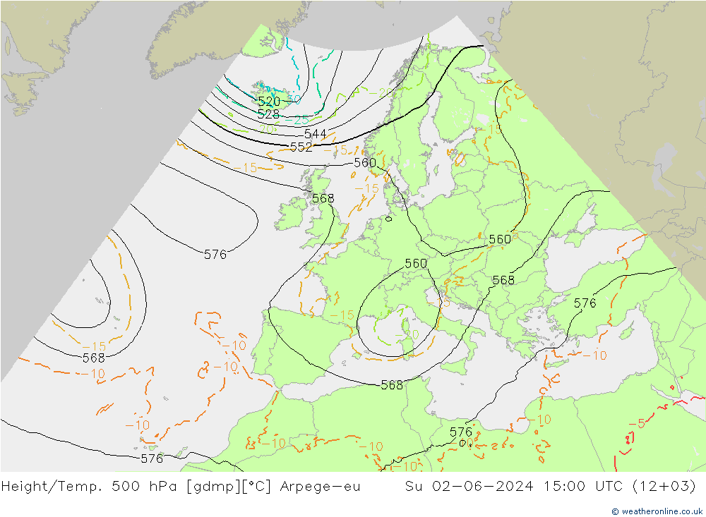 Height/Temp. 500 hPa Arpege-eu 星期日 02.06.2024 15 UTC