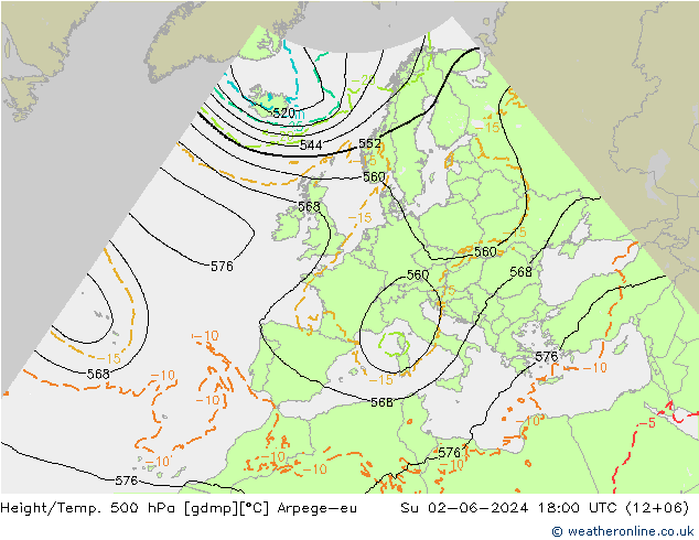 Height/Temp. 500 hPa Arpege-eu 星期日 02.06.2024 18 UTC