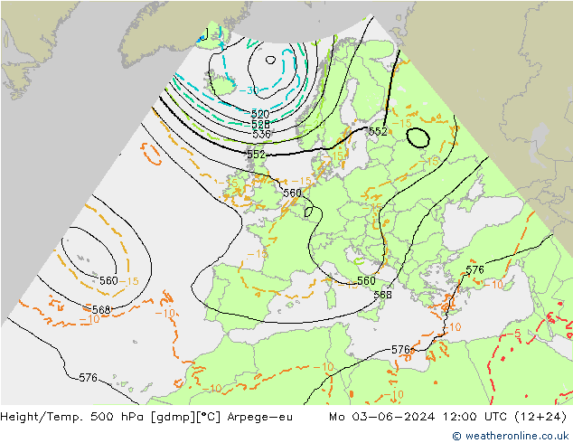 Height/Temp. 500 hPa Arpege-eu 星期一 03.06.2024 12 UTC