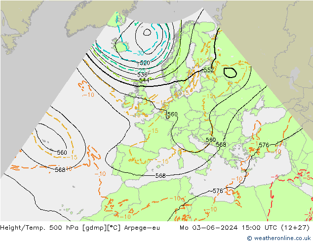 Height/Temp. 500 гПа Arpege-eu пн 03.06.2024 15 UTC