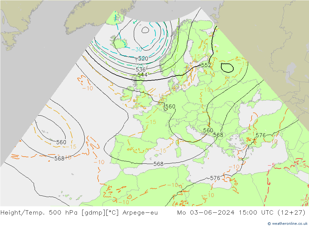 Yükseklik/Sıc. 500 hPa Arpege-eu Pzt 03.06.2024 15 UTC