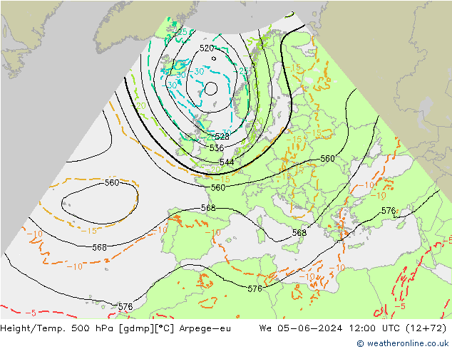 Hoogte/Temp. 500 hPa Arpege-eu wo 05.06.2024 12 UTC