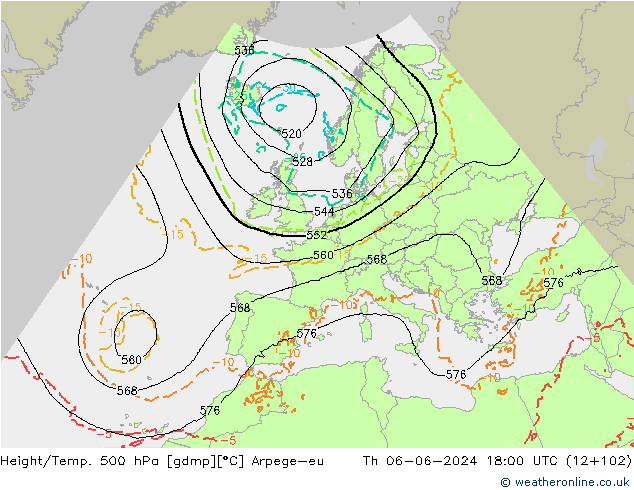 Height/Temp. 500 гПа Arpege-eu чт 06.06.2024 18 UTC