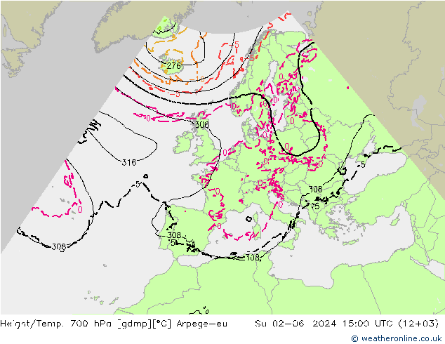 Height/Temp. 700 hPa Arpege-eu 星期日 02.06.2024 15 UTC