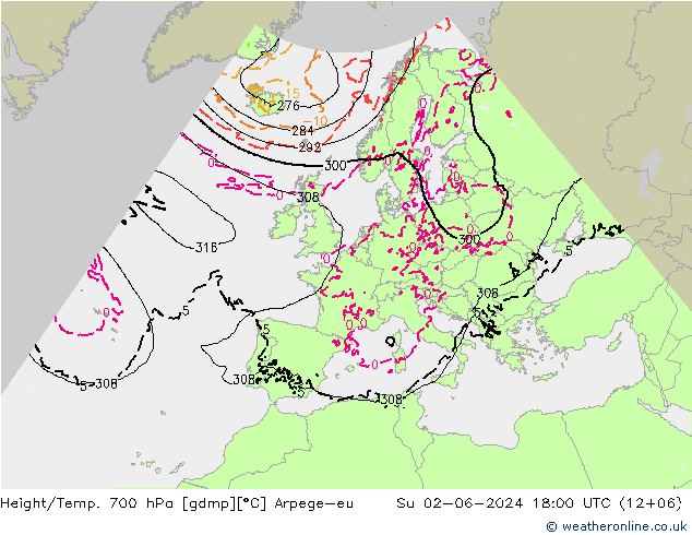 Height/Temp. 700 hPa Arpege-eu Su 02.06.2024 18 UTC