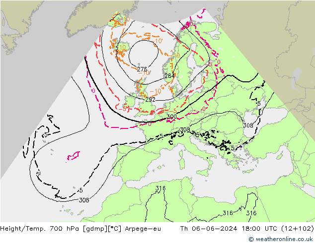 Height/Temp. 700 hPa Arpege-eu czw. 06.06.2024 18 UTC