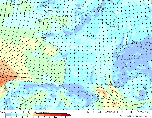 Vento 10 m (bft) Arpege-eu Seg 03.06.2024 00 UTC
