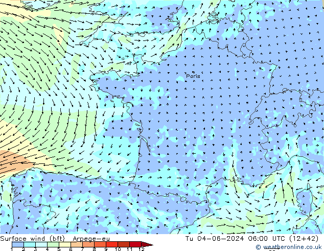 Wind 10 m (bft) Arpege-eu di 04.06.2024 06 UTC