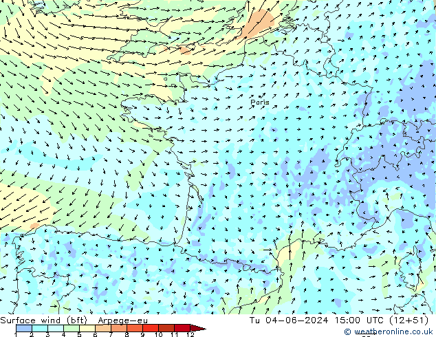 Surface wind (bft) Arpege-eu Út 04.06.2024 15 UTC