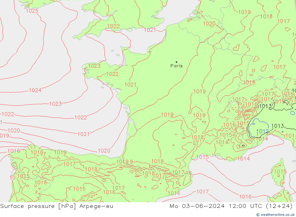 Surface pressure Arpege-eu Mo 03.06.2024 12 UTC