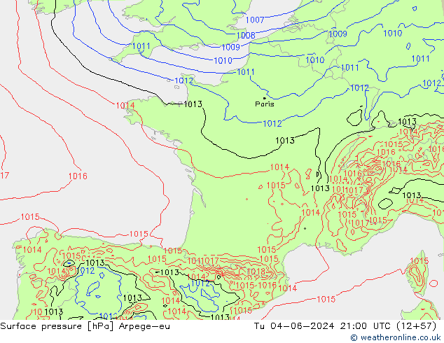 Surface pressure Arpege-eu Tu 04.06.2024 21 UTC