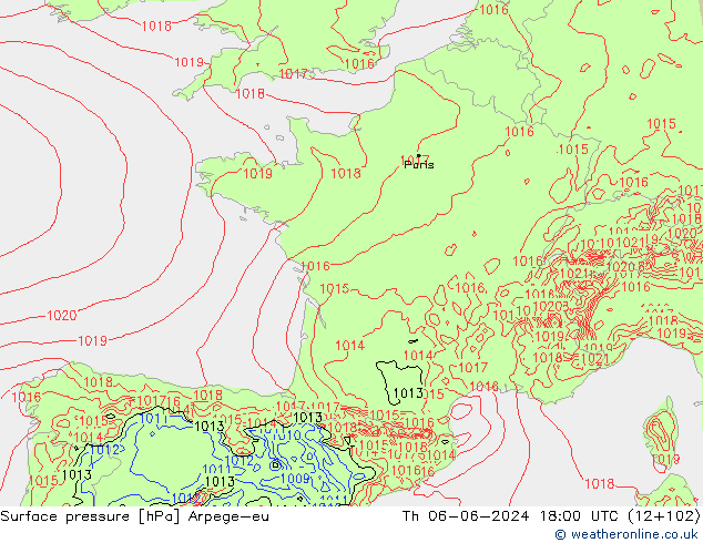 Surface pressure Arpege-eu Th 06.06.2024 18 UTC