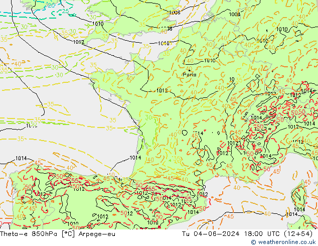 Theta-e 850hPa Arpege-eu mar 04.06.2024 18 UTC