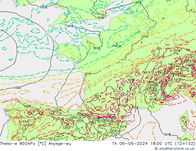 Theta-e 850hPa Arpege-eu Qui 06.06.2024 18 UTC