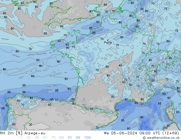 Humedad rel. 2m Arpege-eu mié 05.06.2024 09 UTC