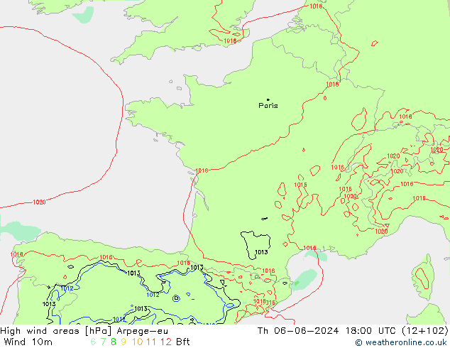 High wind areas Arpege-eu Čt 06.06.2024 18 UTC