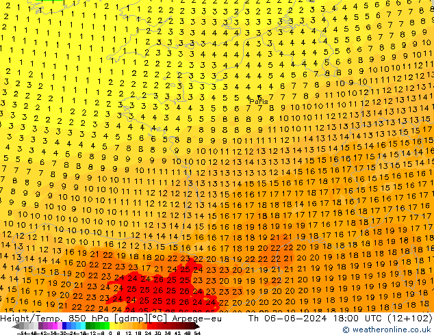 Height/Temp. 850 hPa Arpege-eu Čt 06.06.2024 18 UTC