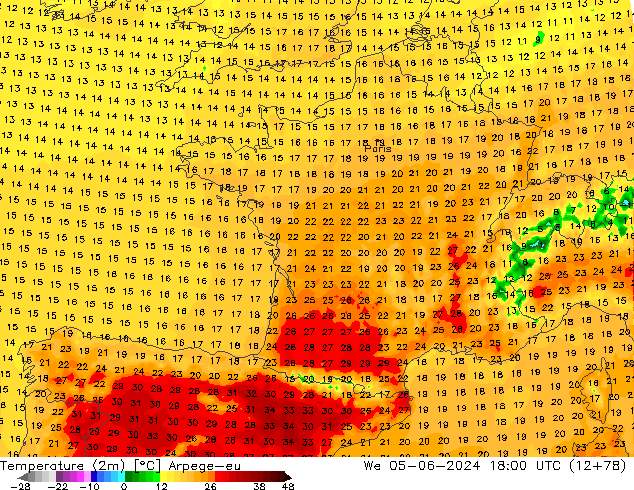 Temperatura (2m) Arpege-eu mer 05.06.2024 18 UTC