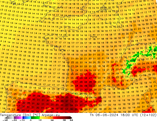 Sıcaklık Haritası (2m) Arpege-eu Per 06.06.2024 18 UTC