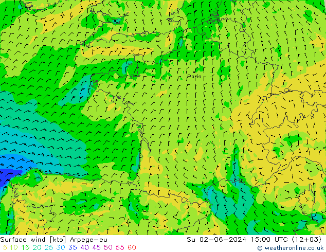Surface wind Arpege-eu Ne 02.06.2024 15 UTC
