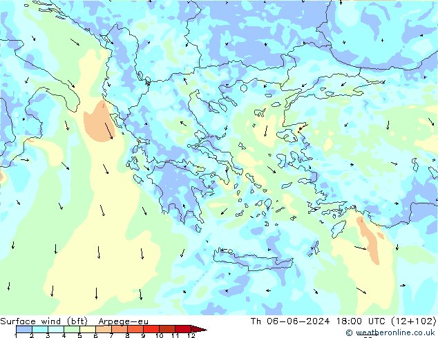 Wind 10 m (bft) Arpege-eu do 06.06.2024 18 UTC