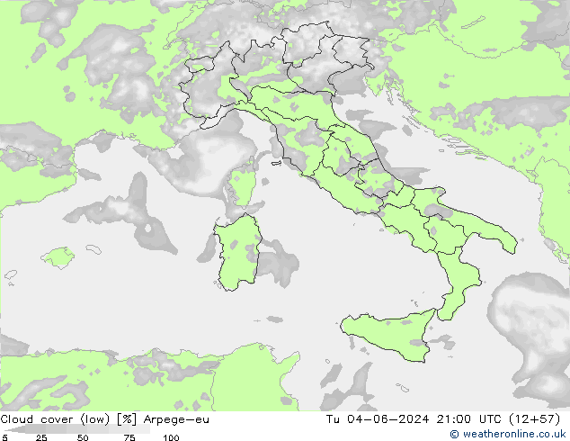 Cloud cover (low) Arpege-eu Tu 04.06.2024 21 UTC