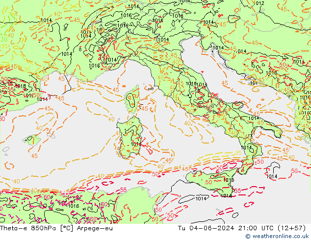 Theta-e 850hPa Arpege-eu mar 04.06.2024 21 UTC