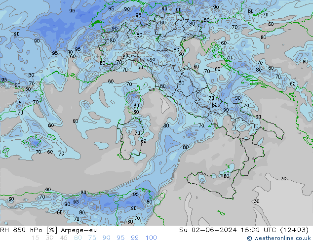 Humidité rel. 850 hPa Arpege-eu dim 02.06.2024 15 UTC