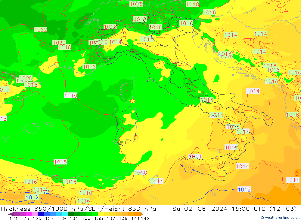 Dikte 850-1000 hPa Arpege-eu zo 02.06.2024 15 UTC