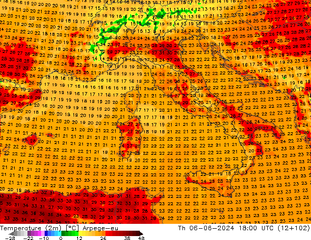 Sıcaklık Haritası (2m) Arpege-eu Per 06.06.2024 18 UTC