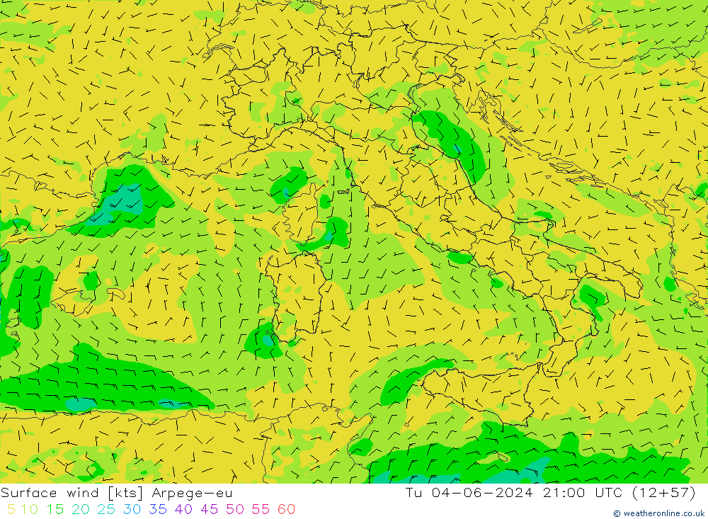 Rüzgar 10 m Arpege-eu Sa 04.06.2024 21 UTC