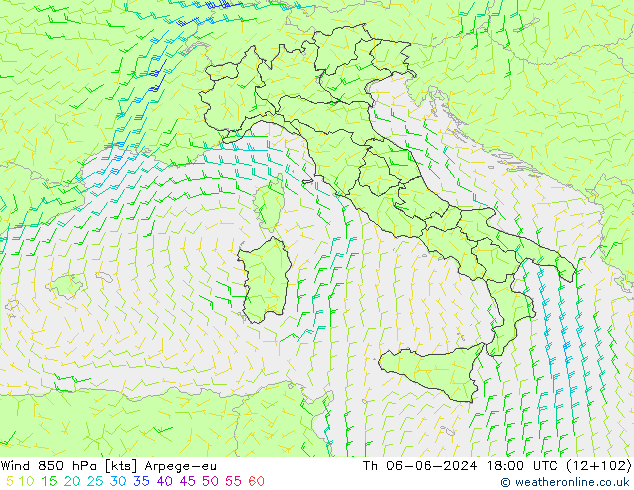 Wind 850 hPa Arpege-eu Čt 06.06.2024 18 UTC