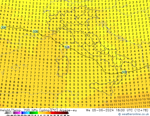 Height/Temp. 700 hPa Arpege-eu mer 05.06.2024 18 UTC